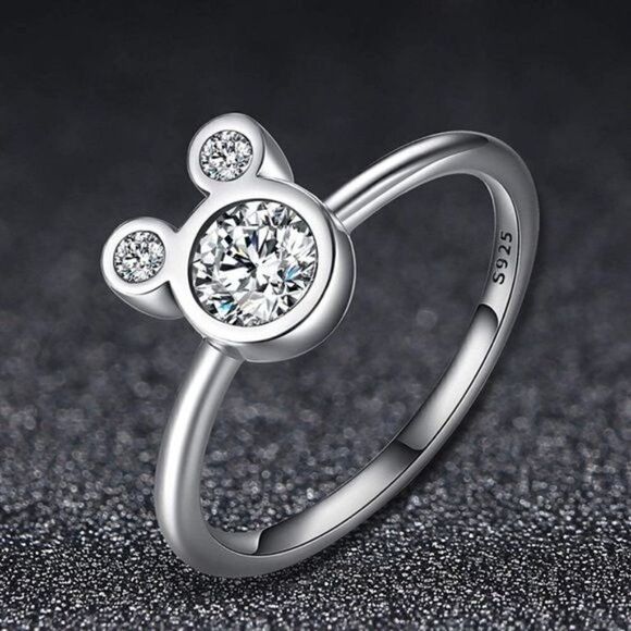 .925 Sterling Silver with White Diamond Cubic Zirconia Mickey Mouse Ring Size 6 - Picture 4 of 6